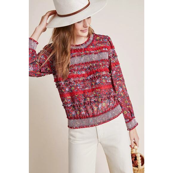 Anthropologie Wyatt Smocked Women's Blouse Top Red Lace Floral Small Cropped - Picture 1 of 8